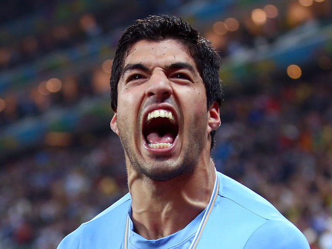 SAO PAULO, BRAZIL - JUNE 19: Luis Suarez of Uruguay celebrates scoring his team's second goal during the 2014 FIFA World Cup Brazil Group D match between Uruguay and England at Arena de Sao Paulo on June 19, 2014 in Sao Paulo, Brazil. (Photo by Julian Finney/Getty Images)